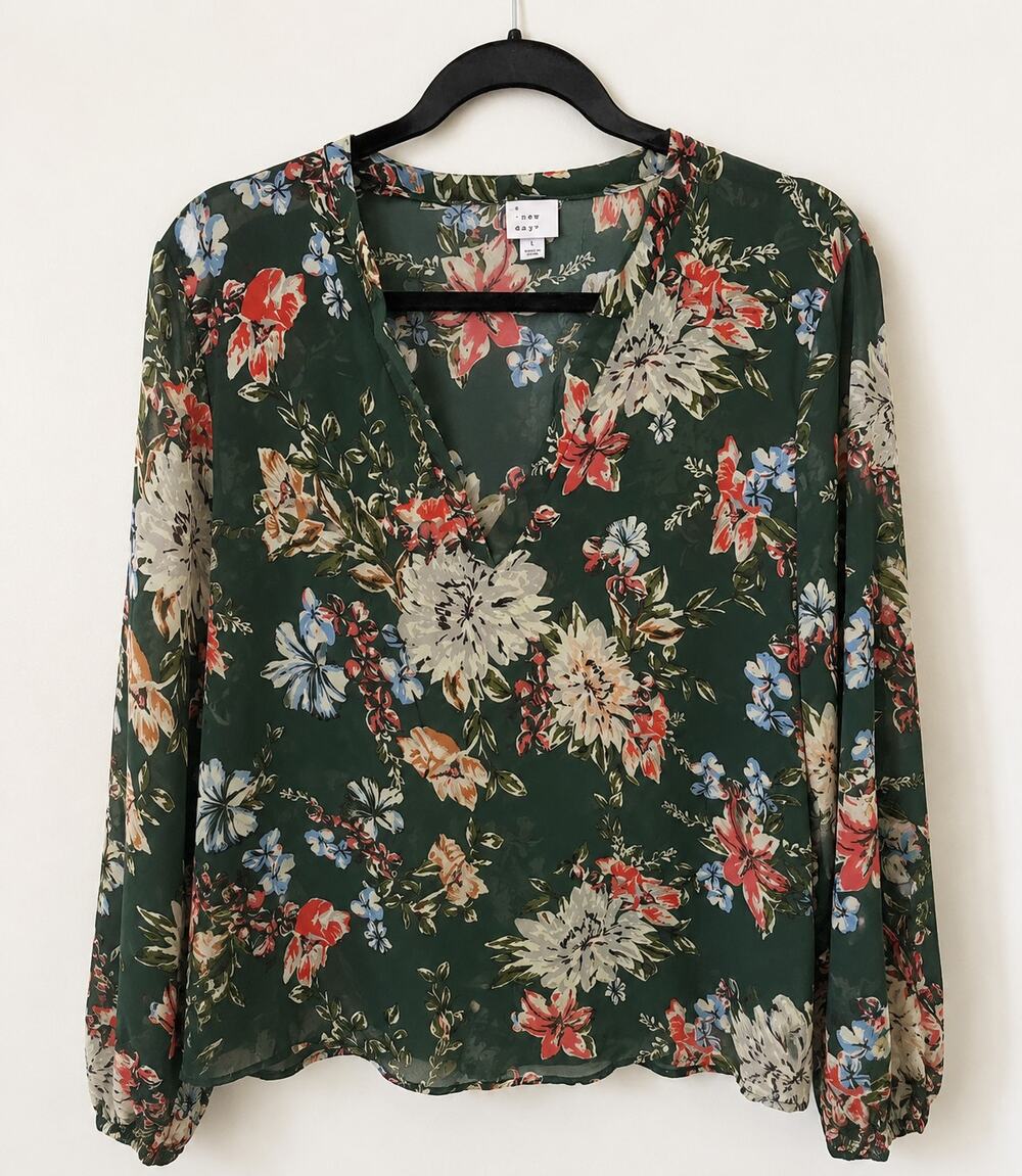 A New Day Sheer Floral Blouse Size Large Green Long Sleeve V-Neck